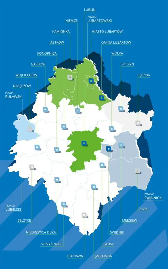 Mapa przedstawiająca jednostki samorządowe wchodzące w skład Stowarzyszenia Lubelskiego Obszaru Metropolitalnego